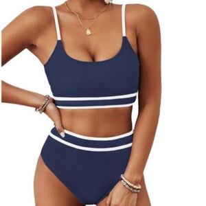 Blue swimsuit M ribbed striped high waist nautical preppy old money modest new
